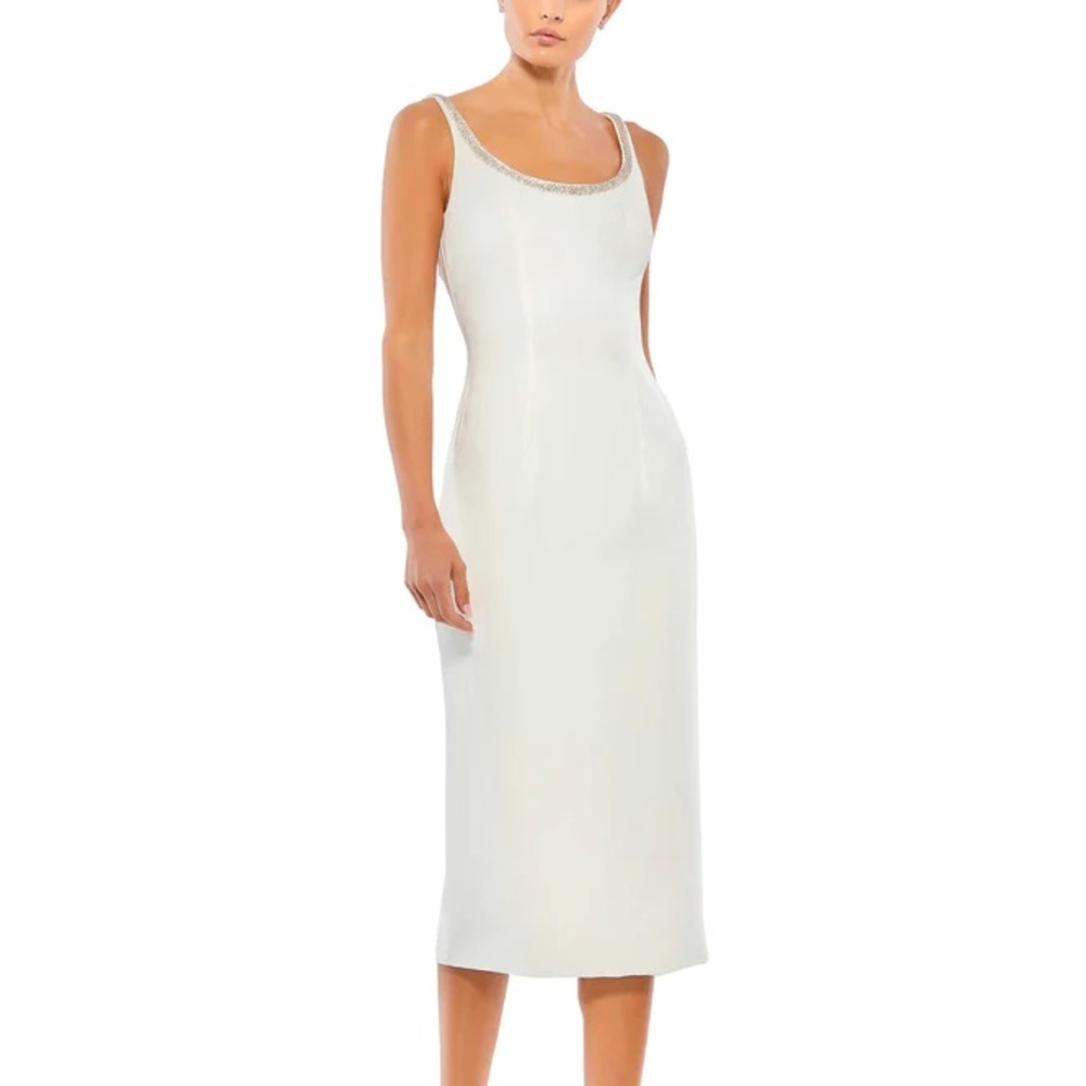 NWT Ieena for Mac Duggal 26681 Ivory Jeweled Scoop Neck Fitted Midi Dress- Sz 12